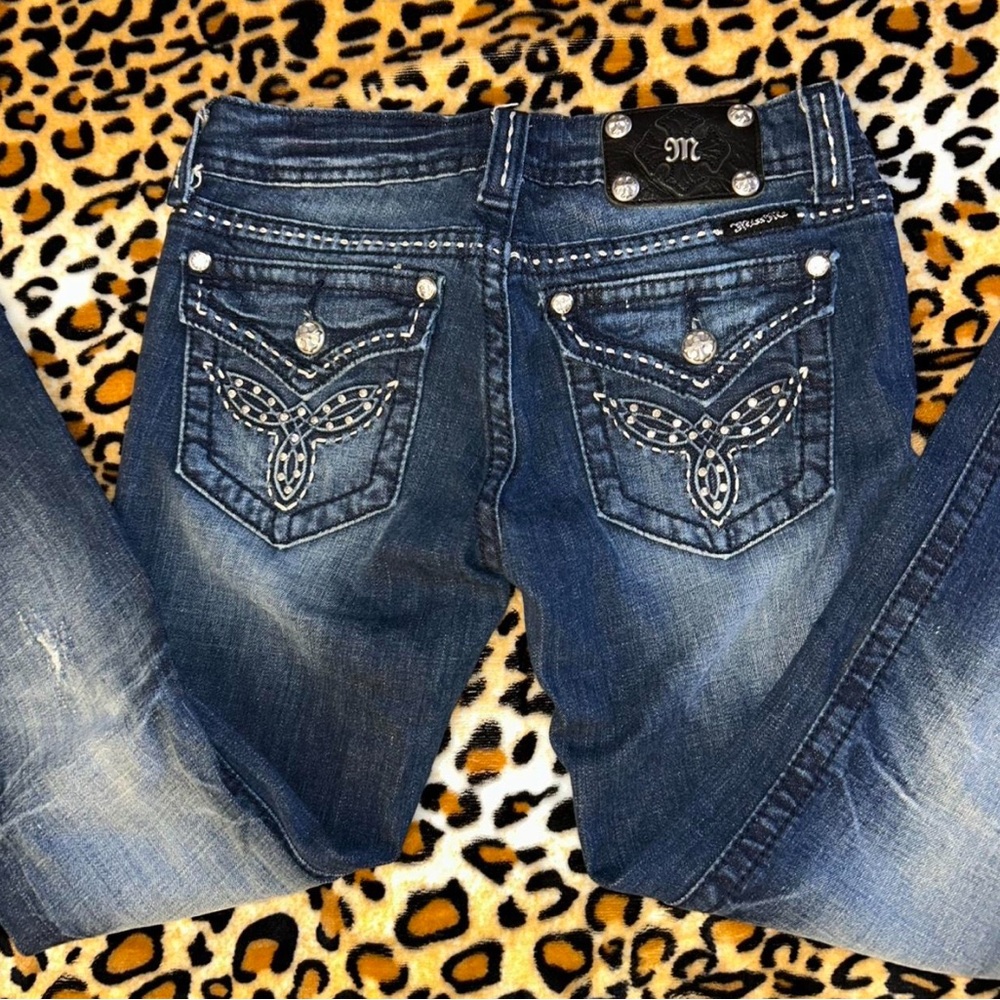 Y2K Miss Me Low rise Bootcut Rhinestone Embellished Dark Wash Denim Jeans